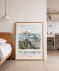 Centered Cristo Redentor Poster with watercolor mountains, sea, and city buildings