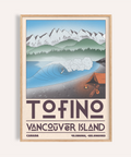 Tofino Landscape Art Print hanging above a sofa with surfboard accents