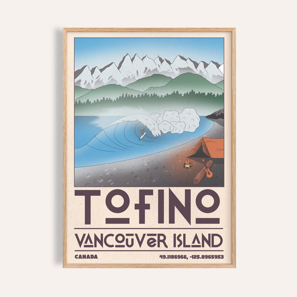Tofino Landscape Art Print hanging above a sofa with surfboard accents