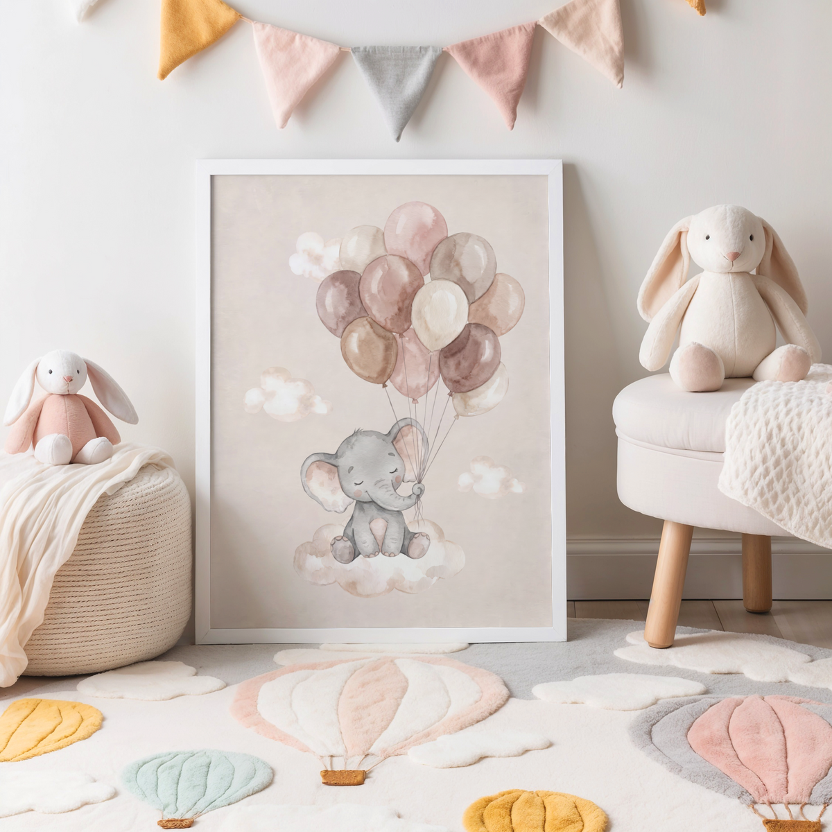 Playful elephant print with repeating balloon shapes and floating cloud accents