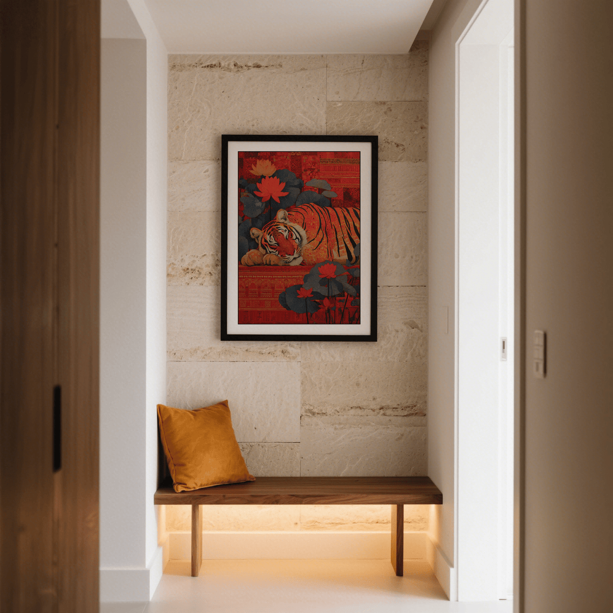 Poster of a calm tiger resting within a tapestry-inspired botanical scene