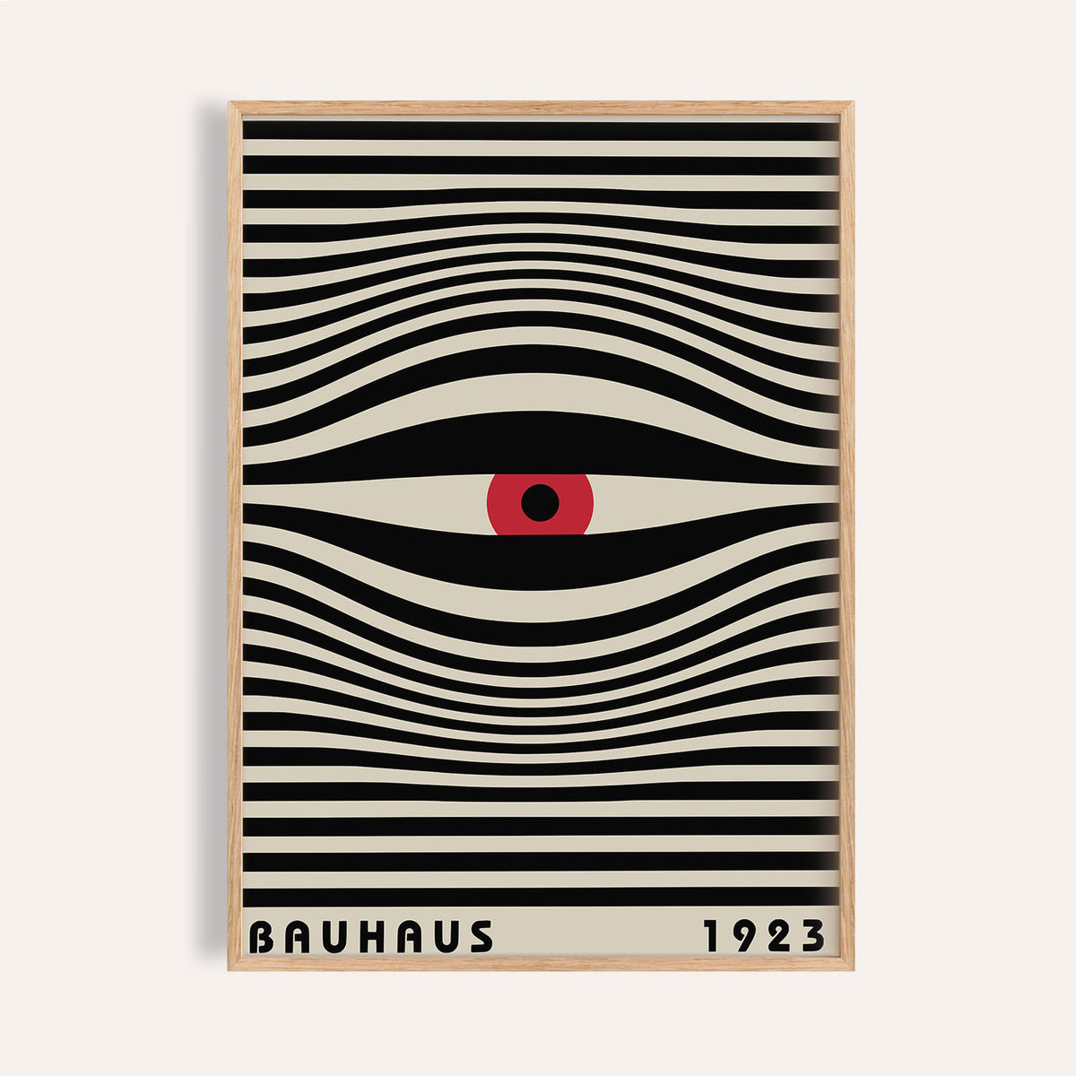 Abstract trippy wall art with swirling black lines and a red eye for a modern office