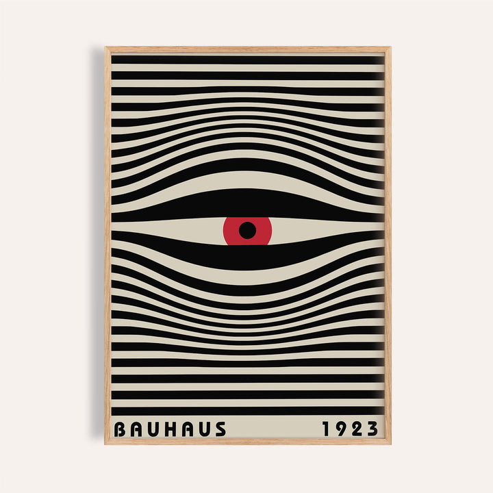 Abstract trippy wall art with swirling black lines and a red eye for a modern office
