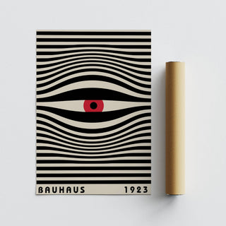 Hypnotic eye-themed trippy wall art styled in a minimalist living room