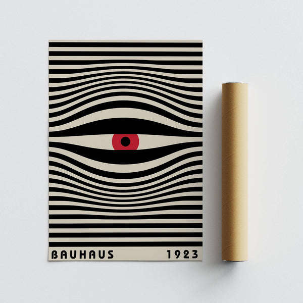 Hypnotic eye-themed trippy wall art styled in a minimalist living room