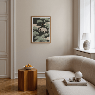 Elegant Japanese Crane Art Print in beige and yellow, perfect for bedroom decor