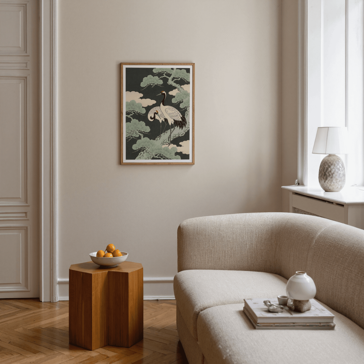 Elegant Japanese Crane Art Print in beige and yellow, perfect for bedroom decor