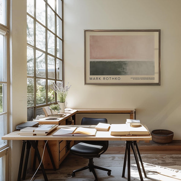 Serene abstract horizontal wall decor in pink and green for office space