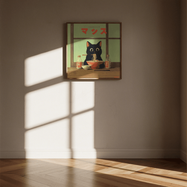 Ramen Cat Art featuring a ramen bowl and cat, perfect for office wall art
