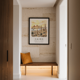Palm trees and riverside buildings featured in Cairo city poster wall art print
