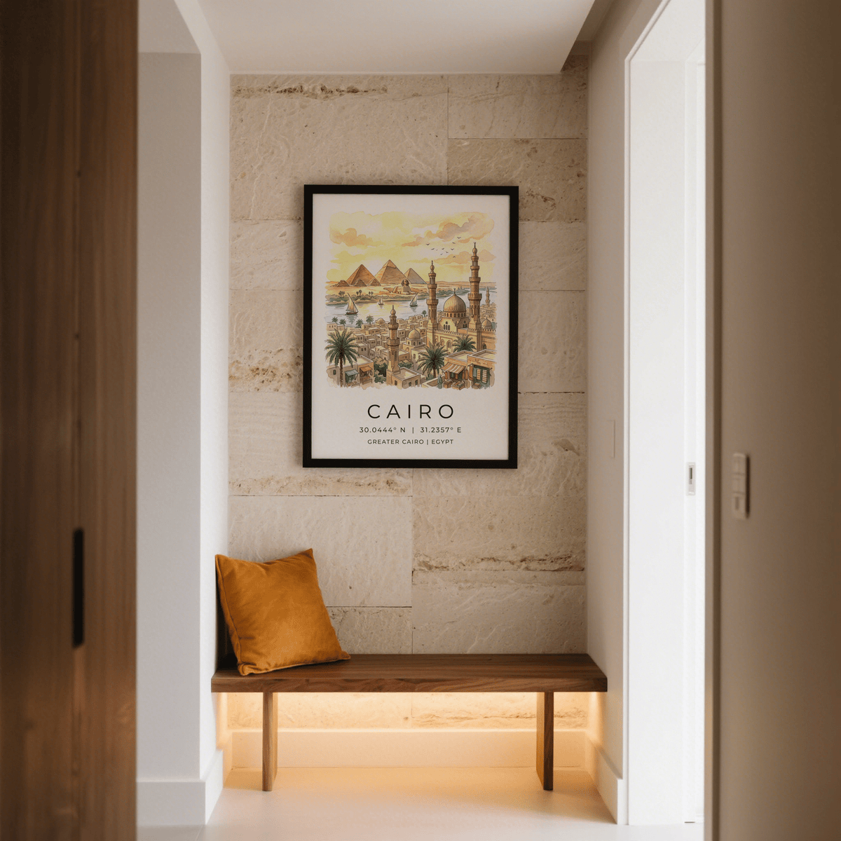 Palm trees and riverside buildings featured in Cairo city poster wall art print