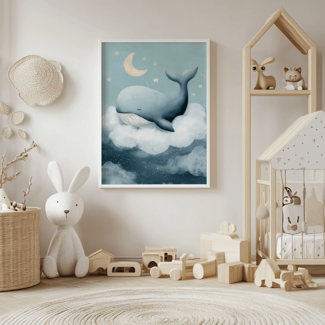 Print of a sleeping whale on a cloud under a crescent moon in a soft neutral nursery with wooden toys and a toy rabbit