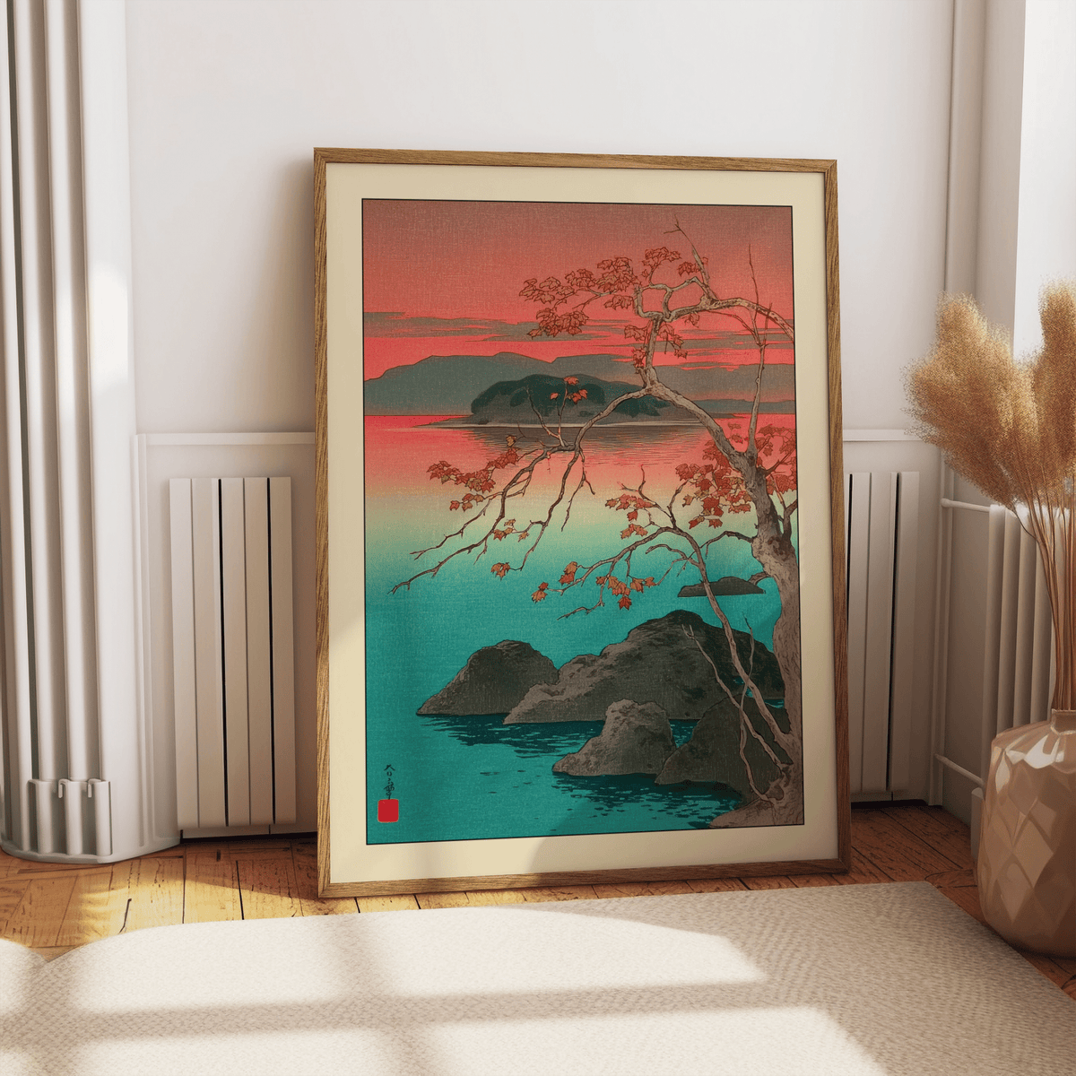 Close crop of woodblock texture highlighting maple foliage over lake water