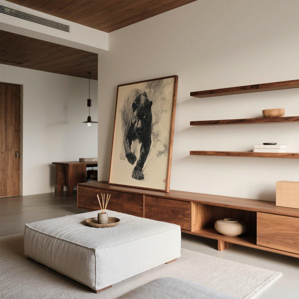 Wall print of traditional Japanese ink art black panther in motion.