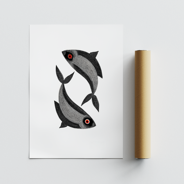 Minimalist fish folk motif inspired by Bihar painting tradition