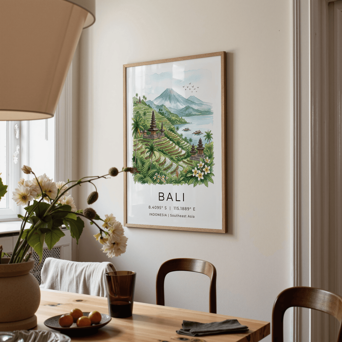 Graphic travel illustration featuring birds flying over coastal volcano