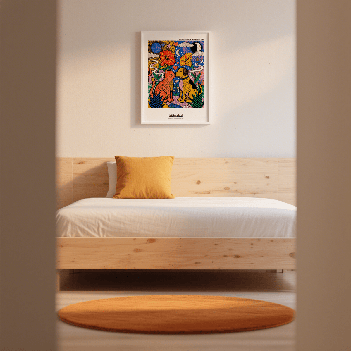 Artwork crop of a multicolored animal print poster highlighting hearts and stylized flower petals