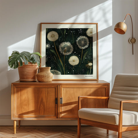 Floral wall art showcasing white dandelions on green.