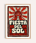 Front view Fiesta Del Sol Art Print poster with sunburst and large typography