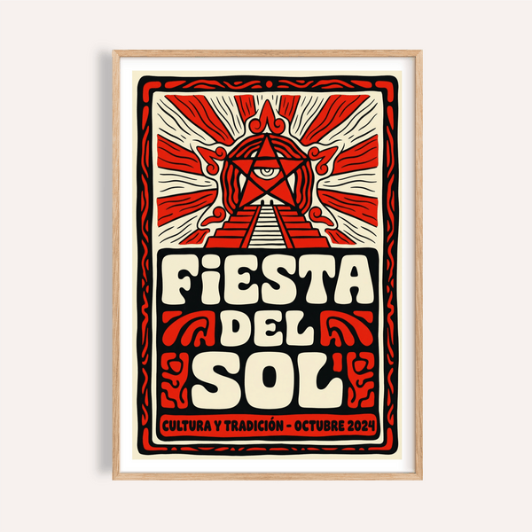 Front view Fiesta Del Sol Art Print poster with sunburst and large typography
