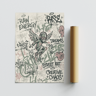Central winged masked figure poster with RAW ENERGY and DREAMS graffiti text