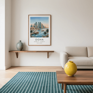 Coastal skyline wall art print with palm trees and docked boats