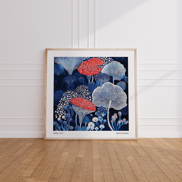 Artistic mushroom poster featuring a stylized woodland scene in navy and red tones.