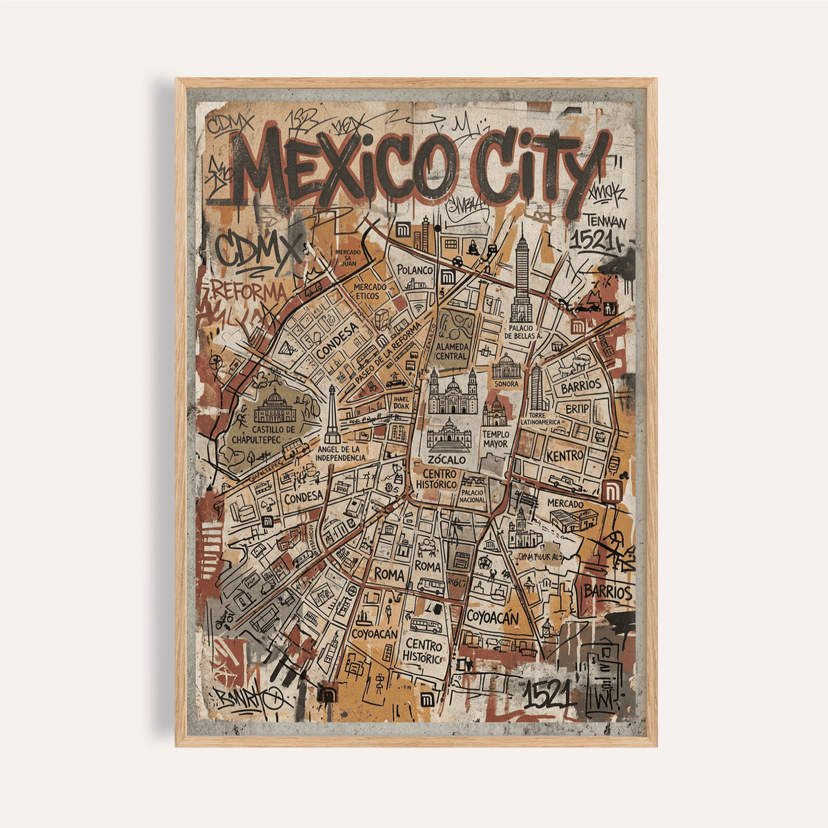 Featuring Mexico Map Poster of Mexico City with bold title lettering and street grid wall art print