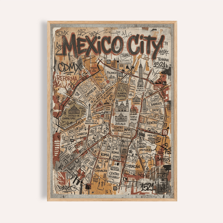 Featuring Mexico Map Poster of Mexico City with bold title lettering and street grid wall art print