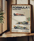 Middle green car illustration with geometric timing circles on motorsport art