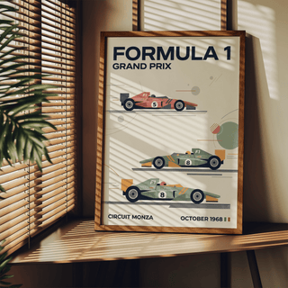 Middle green car illustration with geometric timing circles on motorsport art