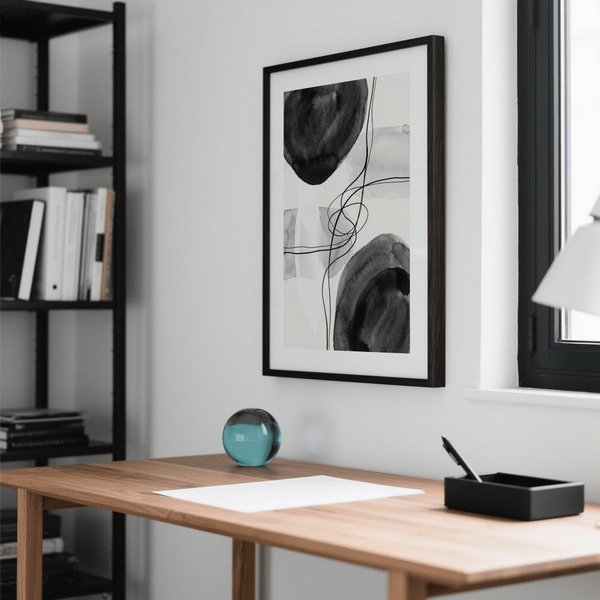 Black and White Wall Art showing two soft-edged ink shapes in balance