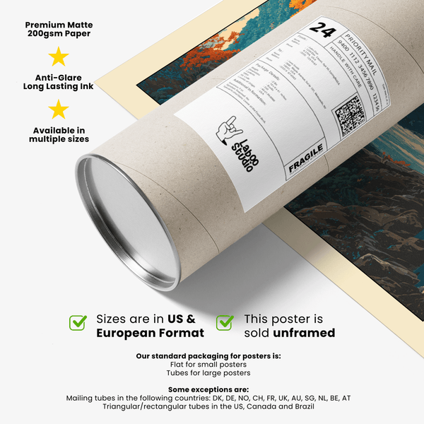 Wide landscape print showing twin falls and swirling ripples