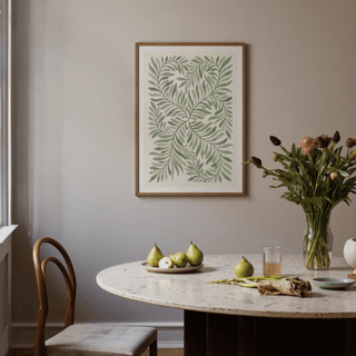Green Leaf Art nature-inspired poster in Green, Beige, and White for dining area