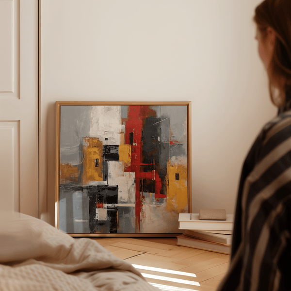 Red and Yellow Abstract Poster art print for minimalist workspace