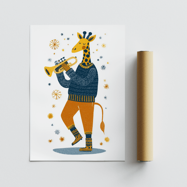 Cheerful Giraffe Music Art Print in multicolored, bedroom wall art
