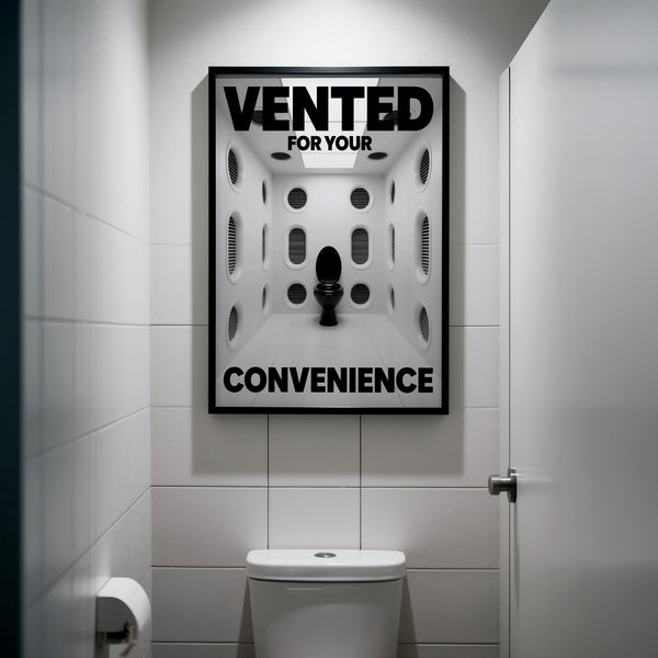 Surreal bathroom setting with black toilet—a unique Funny Toilet Sign.
