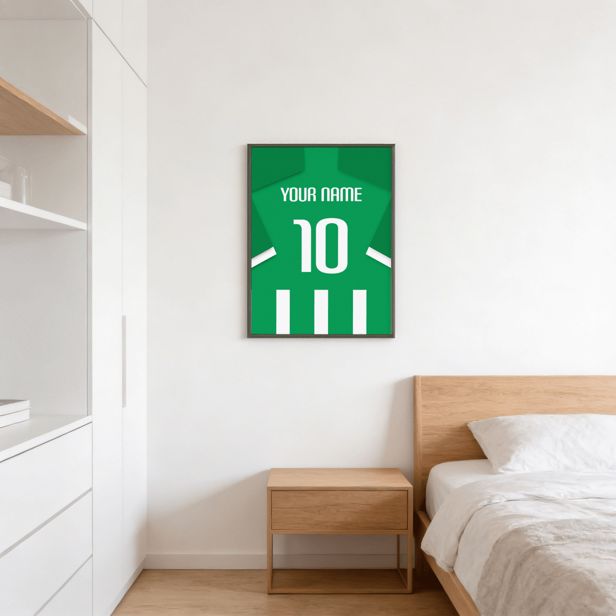 Showing a green and white football shirt poster with YOUR NAME lettering and large number 10 graphic