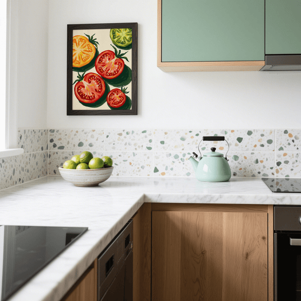 Italian Tomatoes Print, multicolored kitchen wall art with bold red tones