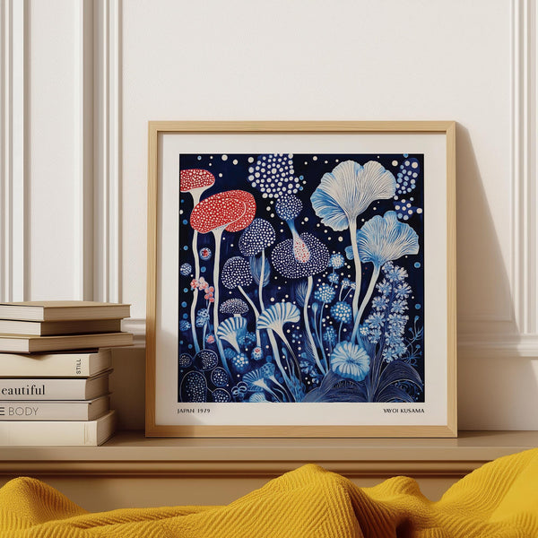 Abstract mushrooms and flowers in a Red and Blue Wall Art theme