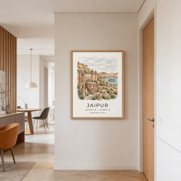 Painterly city landmark poster showing palace buildings, terraces, potted plants, and birds