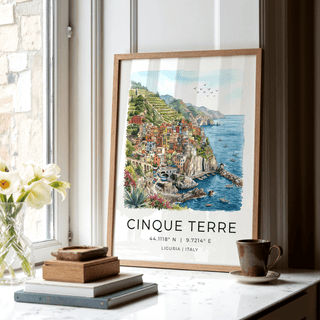 Travel poster with terraced vineyards, moored boats, and Ligurian coordinates