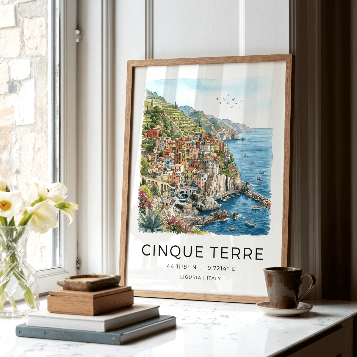 Travel poster with terraced vineyards, moored boats, and Ligurian coordinates