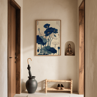 Japanese Poppy Wall Art featuring blue, green, beige, and white for living space