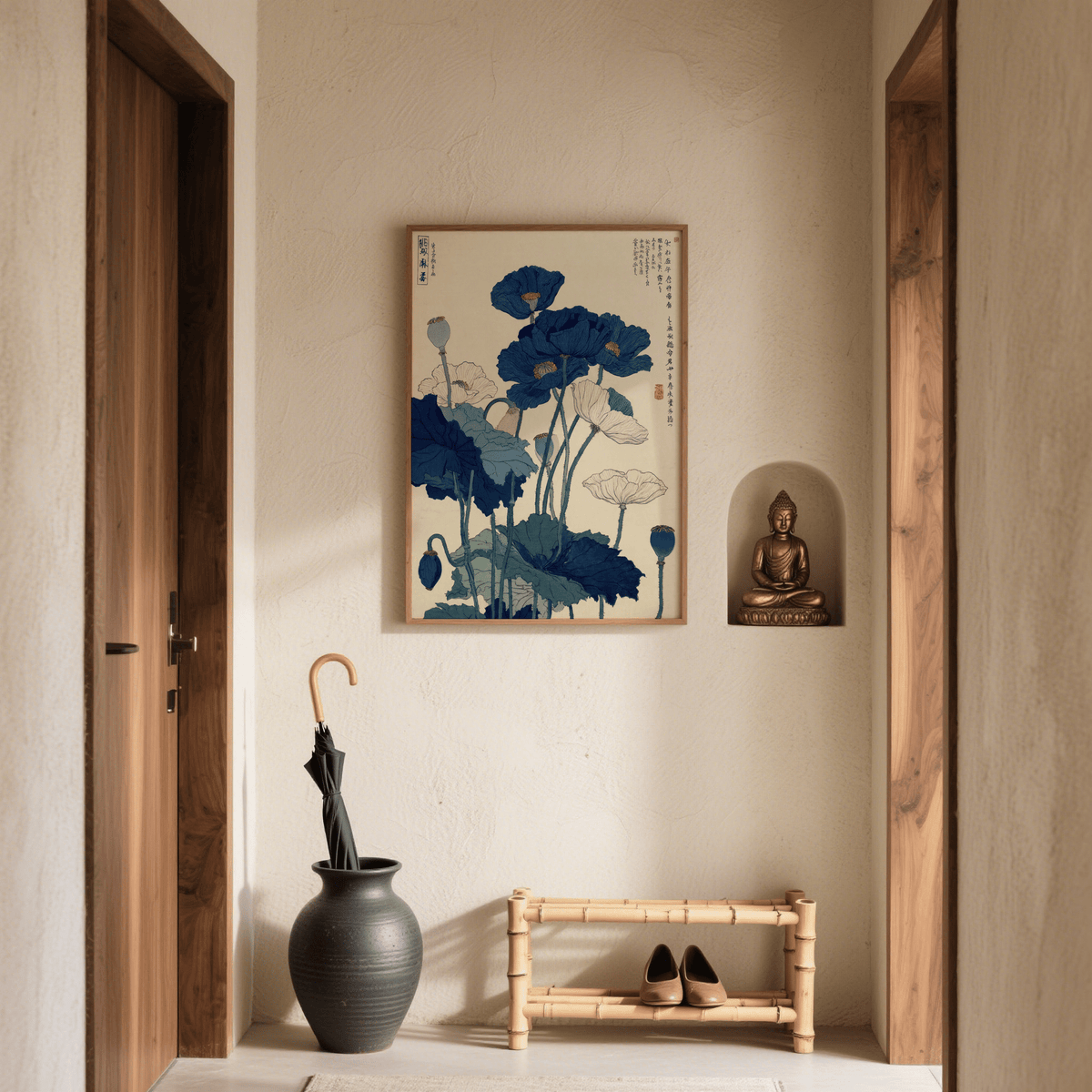 Japanese Poppy Wall Art featuring blue, green, beige, and white for living space