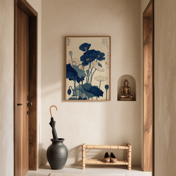 Japanese Poppy Wall Art featuring blue, green, beige, and white for living space