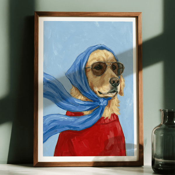 Golden Retriever Art poster with Blue scarf, Beige fur, and Red clothes for hallway