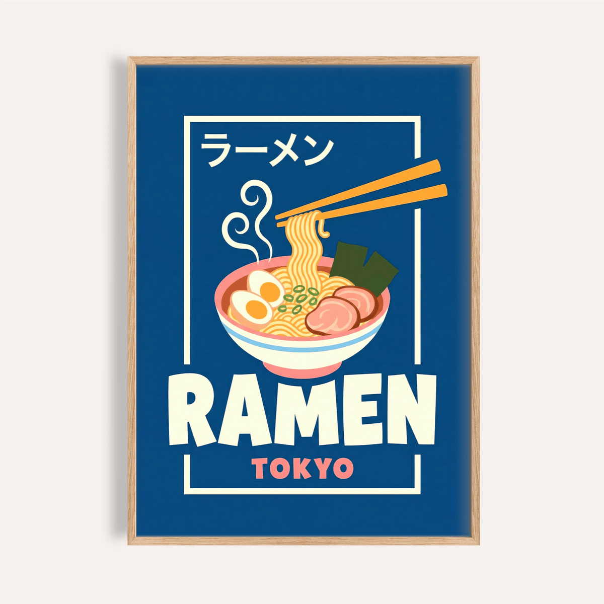 Ramen Poster with blue, white, pink for kitchen wall art print