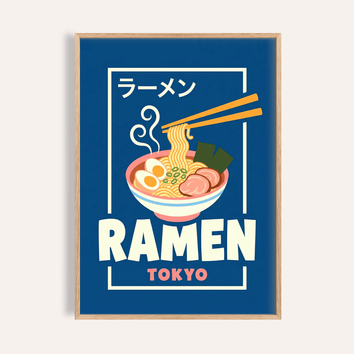 Ramen Poster with blue, white, pink for kitchen wall art print