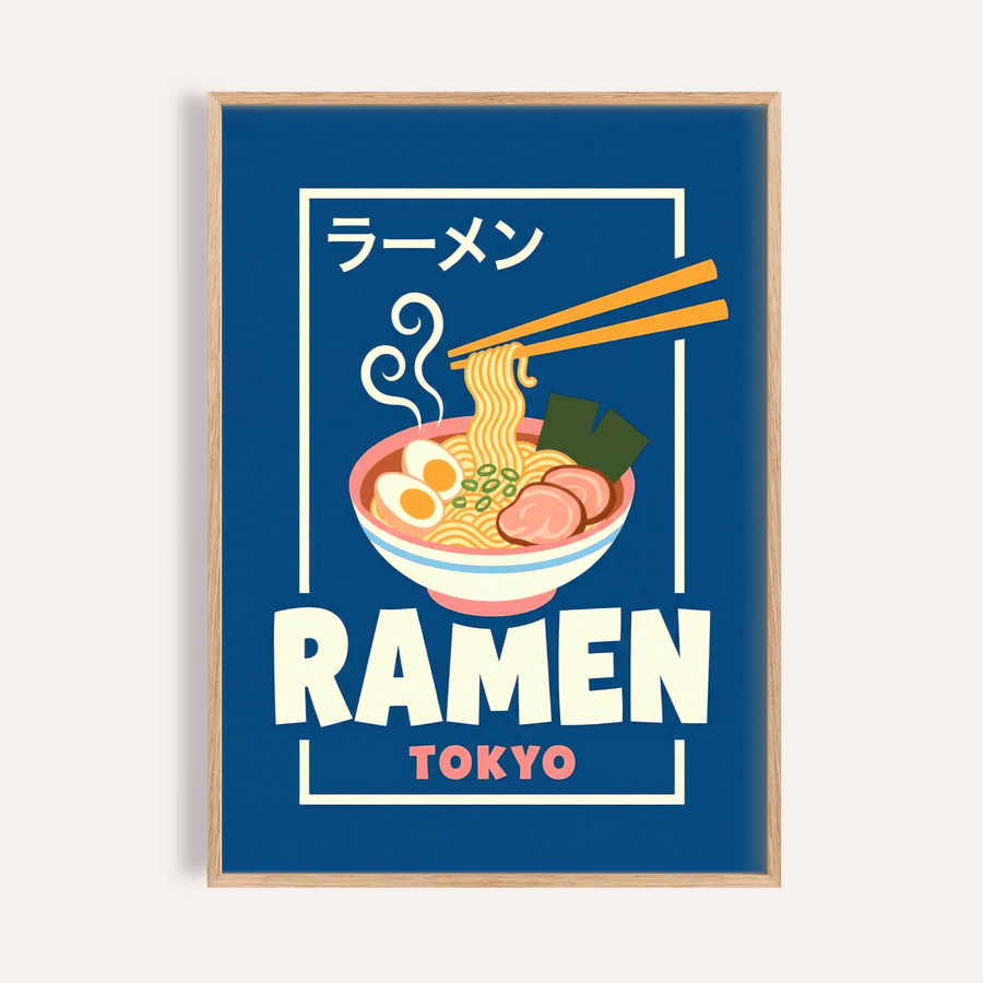 Ramen Poster with blue, white, pink for kitchen wall art print